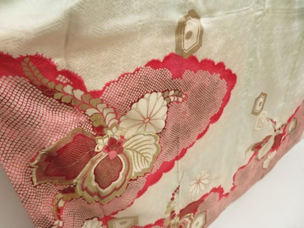 Photo3: 5510T12z830 Vintage Japanese Kimono Silk FURISODE Paulownia Off-white (3)