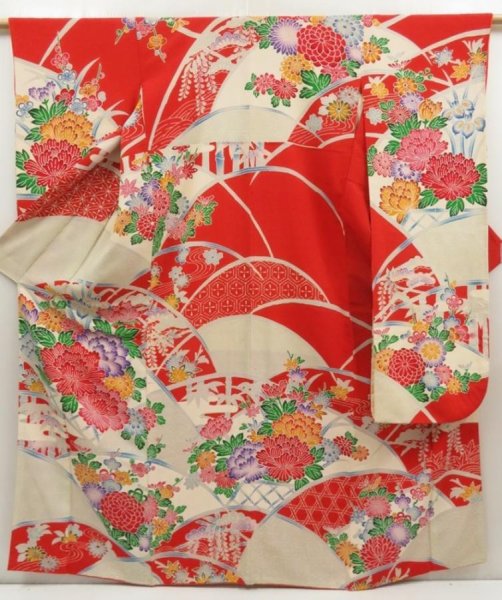 Photo1: 5510T13z1240 Vintage Japanese Kimono Crepe Silk FURISODE Peony Red (1)