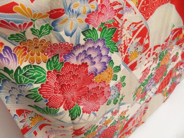 Photo3: 5510T13z1240 Vintage Japanese Kimono Crepe Silk FURISODE Peony Red (3)