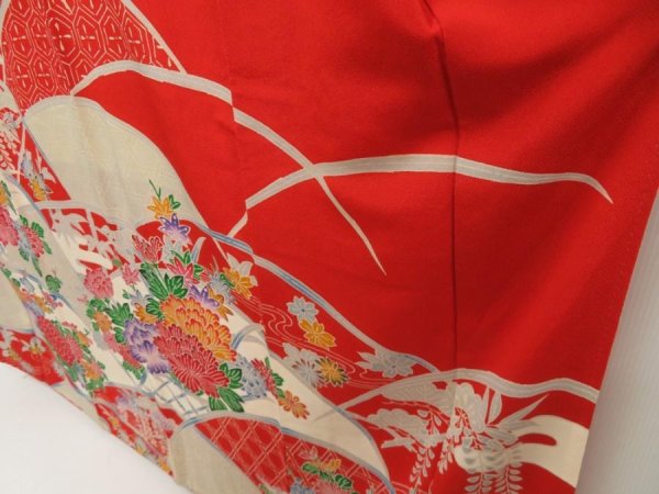 Photo4: 5510T13z1240 Vintage Japanese Kimono Crepe Silk FURISODE Peony Red (4)