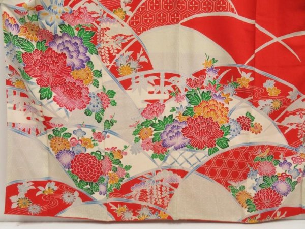 Photo5: 5510T13z1240 Vintage Japanese Kimono Crepe Silk FURISODE Peony Red (5)