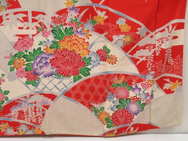 Photo7: 5510T13z1240 Vintage Japanese Kimono Crepe Silk FURISODE Peony Red (7)