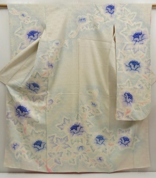 Photo1: 5510T14z1090 Vintage Japanese Kimono Silk FURISODE Peony Light blue (1)