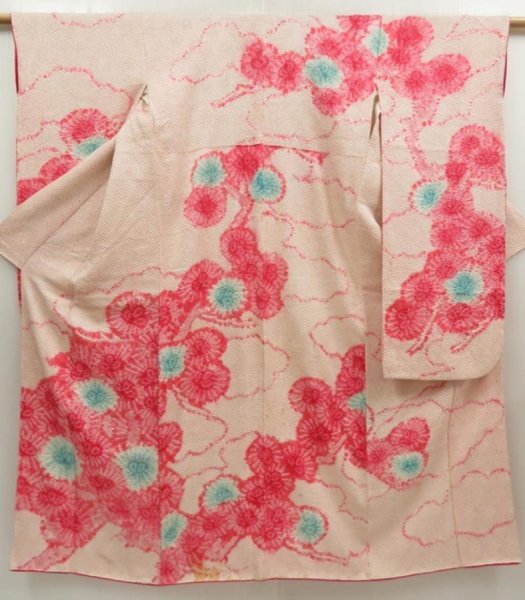Photo1: 5511T01z890 Vintage Japanese Kimono Silk SHIBORI FURISODE Flower Red-Pink (1)