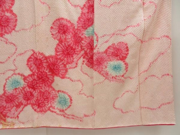 Photo7: 5511T01z890 Vintage Japanese Kimono Silk SHIBORI FURISODE Flower Red-Pink (7)