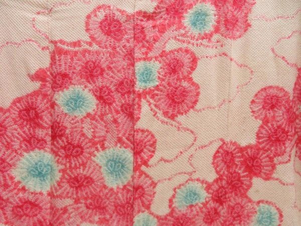Photo8: 5511T01z890 Vintage Japanese Kimono Silk SHIBORI FURISODE Flower Red-Pink (8)