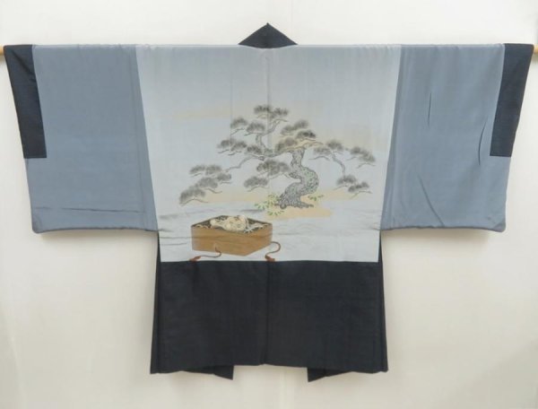 Photo4: 5511T11z530 Vintage Japanese Kimono Silk Men's OSHIMA HAORI Pine Navy-Gray (4)