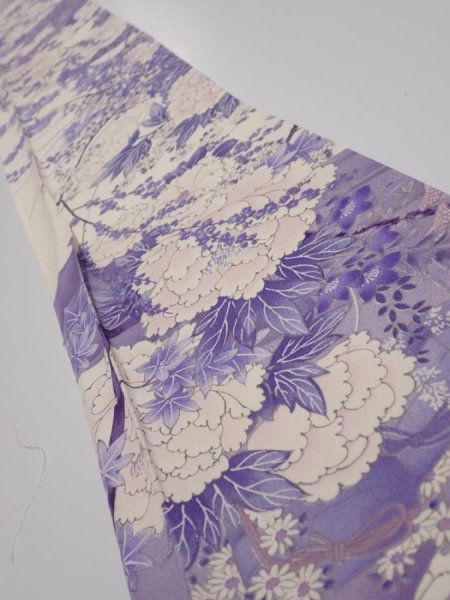 Photo1: 3C06z40  Japanese Kimono Silk  FABRIC Flowers Off-white 56.7x7.7 (1)