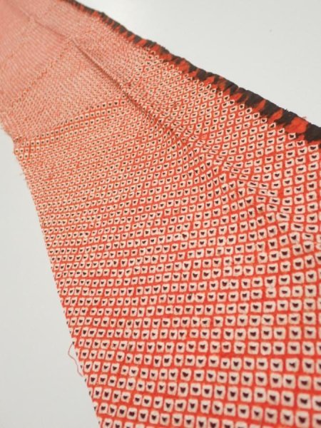 Photo2: 3C10z30  Japanese Kimono Silk  FABRIC Shibori Orange-Red 38.6x6.9 (2)