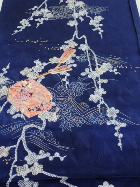 Photo1: 3C01z70  Japanese Kimono Silk  FABRIC Letter box Navy 44.9x14.8 (1)