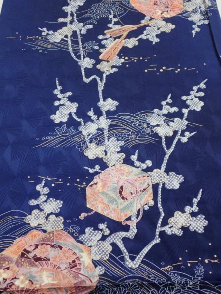 Photo1: 3C02z70  Japanese Kimono Silk  FABRIC Letter box Navy 45.7x14.8 (1)