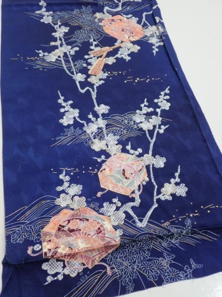 Photo2: 3C02z70  Japanese Kimono Silk  FABRIC Letter box Navy 45.7x14.8 (2)