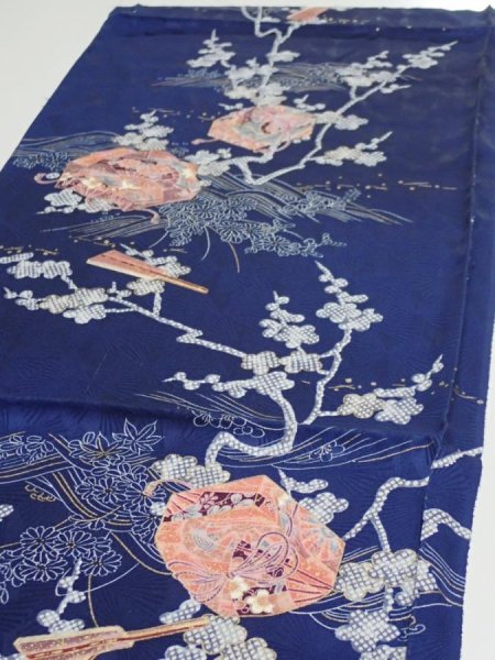 Photo3: 3C02z70  Japanese Kimono Silk  FABRIC Letter box Navy 45.7x14.8 (3)