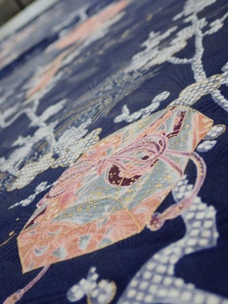 Photo4: 3C02z70  Japanese Kimono Silk  FABRIC Letter box Navy 45.7x14.8 (4)