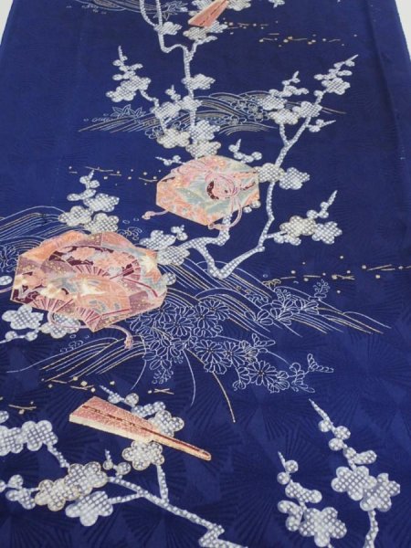 Photo1: 3C04z100  Japanese Kimono Silk  FABRIC Letter box Navy 70.1x14.8 (1)