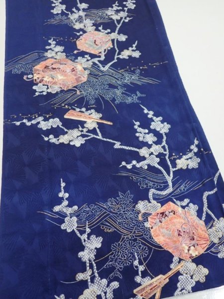 Photo2: 3C04z100  Japanese Kimono Silk  FABRIC Letter box Navy 70.1x14.8 (2)