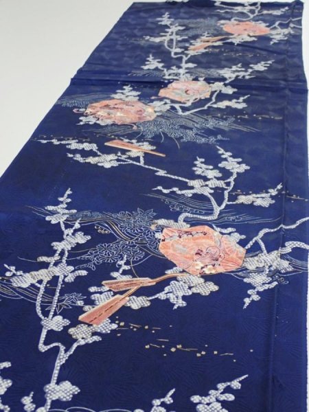 Photo3: 3C04z100  Japanese Kimono Silk  FABRIC Letter box Navy 70.1x14.8 (3)