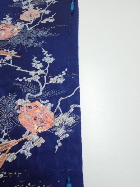 Photo6: 3C05z100  Japanese Kimono Silk  FABRIC Letter box Navy 70.1x14.8 (6)