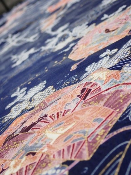 Photo4: 3C06z100  Japanese Kimono Silk  FABRIC Letter box Navy 70.1x14.8 (4)