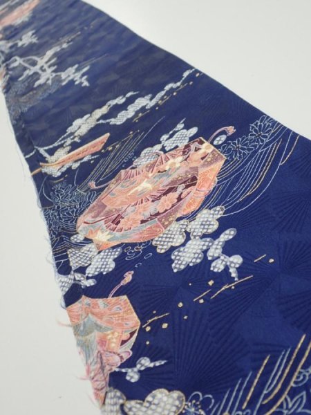Photo1: 3C08z50  Japanese Kimono Silk  FABRIC Letter box Navy 61.0x7.3 (1)