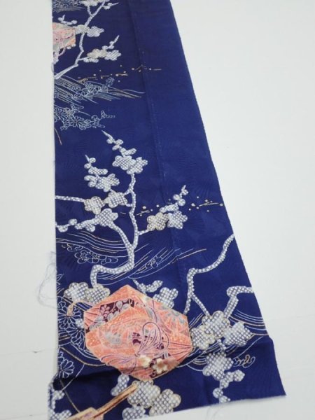 Photo2: 3C09z60  Japanese Kimono Silk  FABRIC Letter box Navy 84.3x7.3 (2)