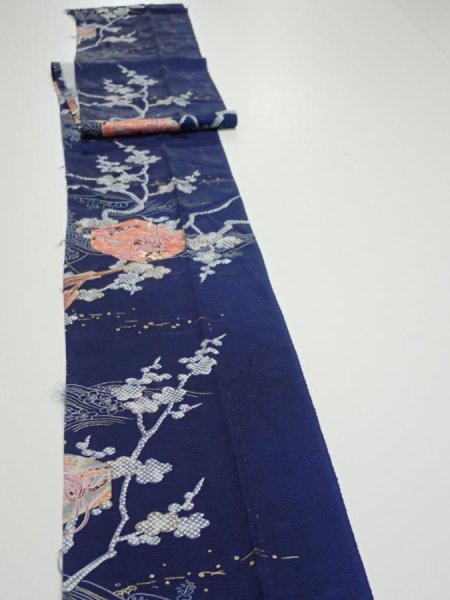 Photo3: 3C09z60  Japanese Kimono Silk  FABRIC Letter box Navy 84.3x7.3 (3)