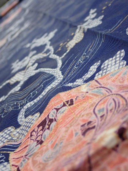 Photo4: 3C09z60  Japanese Kimono Silk  FABRIC Letter box Navy 84.3x7.3 (4)