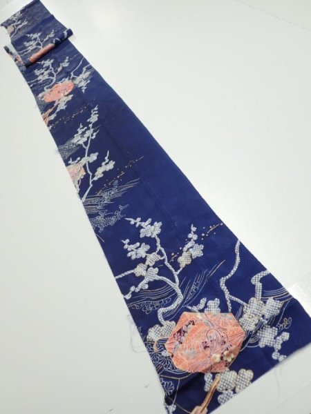 Photo5: 3C09z60  Japanese Kimono Silk  FABRIC Letter box Navy 84.3x7.3 (5)