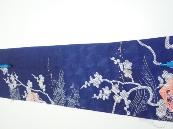 Photo6: 3C09z60  Japanese Kimono Silk  FABRIC Letter box Navy 84.3x7.3 (6)