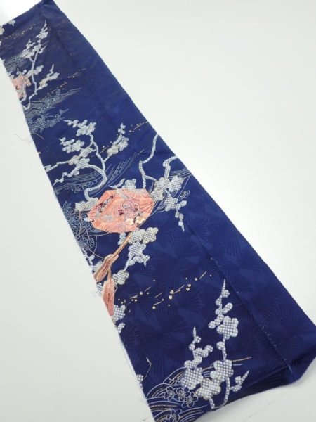 Photo1: 3C10z30  Japanese Kimono Silk  FABRIC Letter box Navy 37.8x7.3 (1)