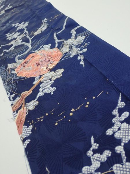Photo2: 3C10z30  Japanese Kimono Silk  FABRIC Letter box Navy 37.8x7.3 (2)