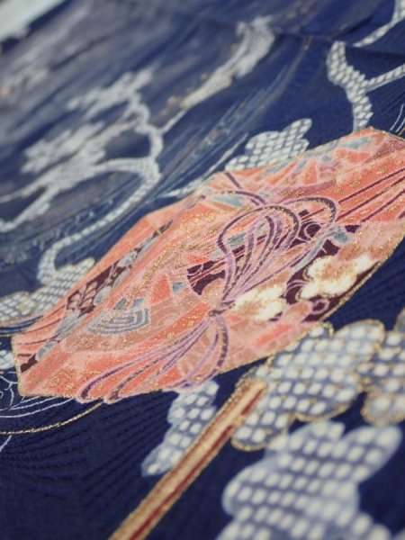 Photo5: 3C10z30  Japanese Kimono Silk  FABRIC Letter box Navy 37.8x7.3 (5)