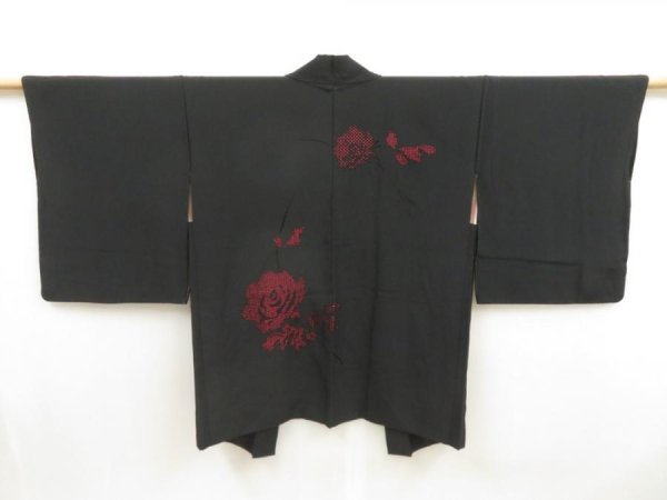 Photo1: 5515T01z600 Vintage Japanese Kimono Silk HAORI Rose Black (1)
