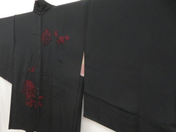 Photo2: 5515T01z600 Vintage Japanese Kimono Silk HAORI Rose Black (2)