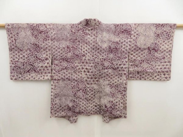 Photo1: 5515T02z450 Vintage Japanese Kimono Silk SHIBORI HAORI Flowers Dull grape (1)
