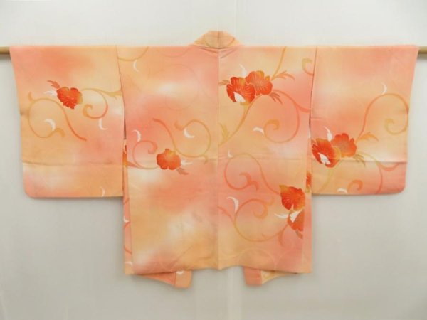 Photo1: 5515T03z540 Vintage Japanese Kimono Silk HAORI Flower Peach (1)