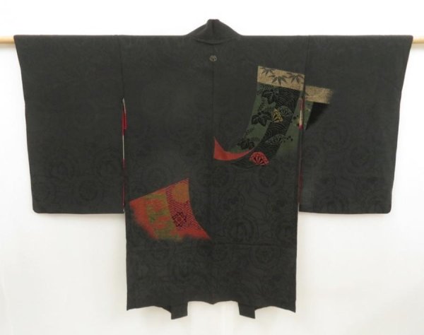 Photo1: 5515T04z500 Antique Japanese Kimono Silk HAORI  Black (1)