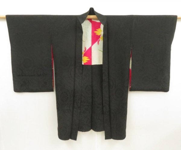 Photo6: 5515T04z500 Antique Japanese Kimono Silk HAORI  Black (6)