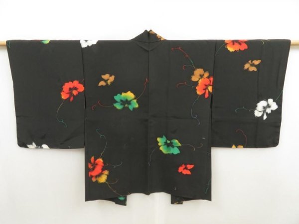Photo1: 5515T07z610 Vintage Japanese Kimono Silk HAORI Flower Black (1)
