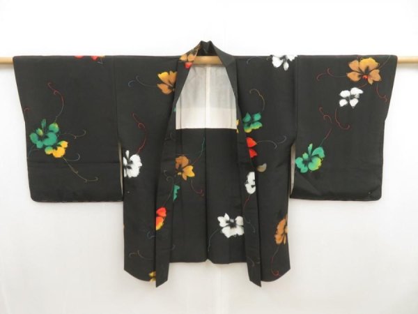 Photo6: 5515T07z610 Vintage Japanese Kimono Silk HAORI Flower Black (6)