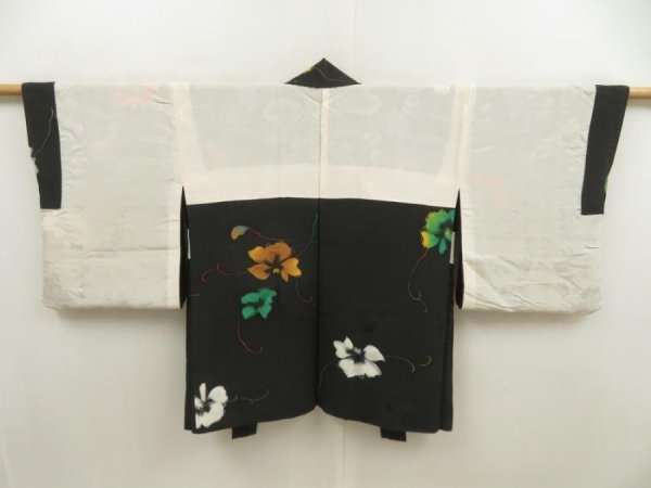 Photo7: 5515T07z610 Vintage Japanese Kimono Silk HAORI Flower Black (7)