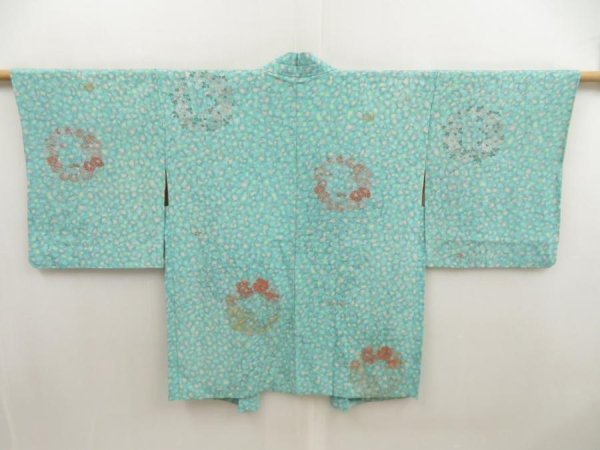 Photo1: 5515T10z500 Vintage Japanese Kimono Silk HAORI Flowers Cyan blue (1)