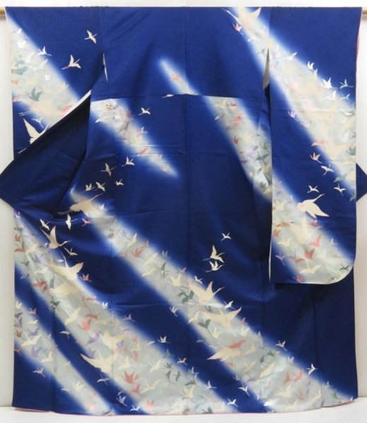 Photo1: 5515T11z1110 Vintage Japanese Kimono Silk FURISODE Flying crane Royal blue (1)