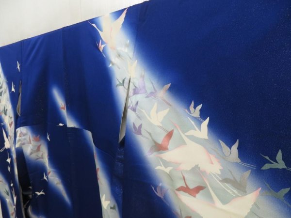 Photo2: 5515T11z1110 Vintage Japanese Kimono Silk FURISODE Flying crane Royal blue (2)