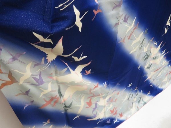Photo3: 5515T11z1110 Vintage Japanese Kimono Silk FURISODE Flying crane Royal blue (3)