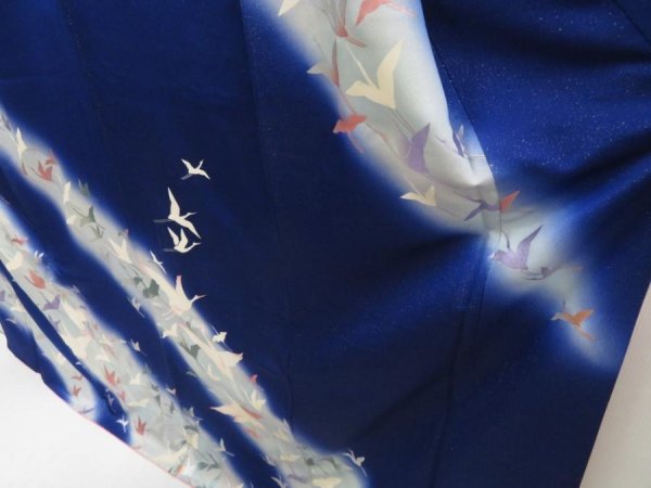 Photo4: 5515T11z1110 Vintage Japanese Kimono Silk FURISODE Flying crane Royal blue (4)