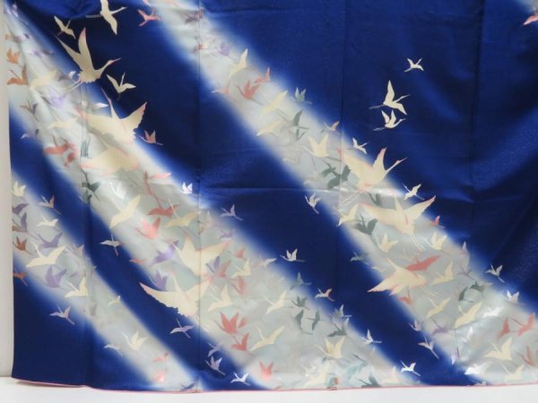 Photo5: 5515T11z1110 Vintage Japanese Kimono Silk FURISODE Flying crane Royal blue (5)