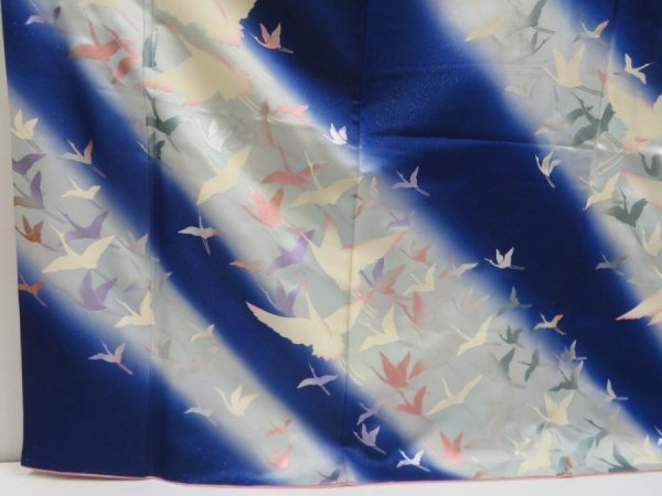 Photo6: 5515T11z1110 Vintage Japanese Kimono Silk FURISODE Flying crane Royal blue (6)
