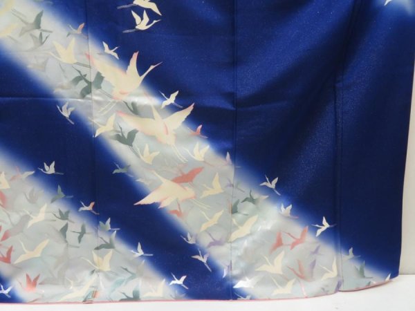 Photo7: 5515T11z1110 Vintage Japanese Kimono Silk FURISODE Flying crane Royal blue (7)
