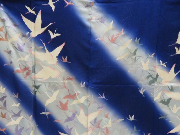 Photo8: 5515T11z1110 Vintage Japanese Kimono Silk FURISODE Flying crane Royal blue (8)